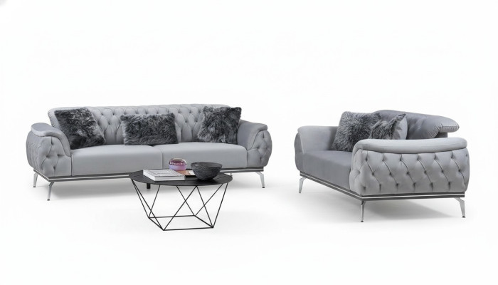 Salon en tissu gris canapé design moderne Chesterfield Matériau textile