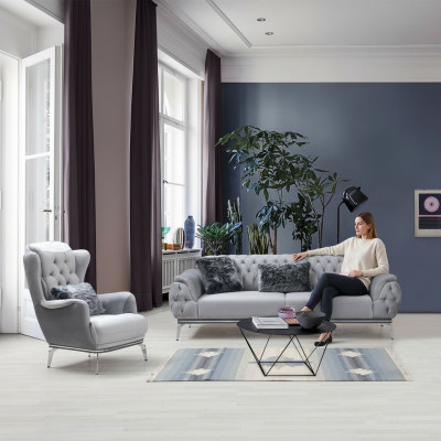 Ensemble de salon 2 pièces. Canapé avec fauteuil de style Chesterfield moderne en textile.