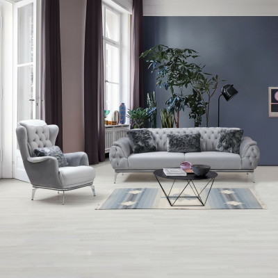 Ensemble de salon 2 pièces. Canapé avec fauteuil de style Chesterfield moderne en textile.