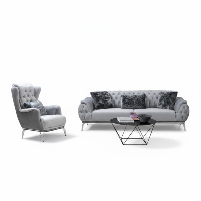 Ensemble de salon 2 pièces. Canapé avec fauteuil de style Chesterfield moderne en textile.