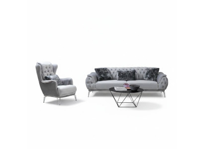 Ensemble de salon 2 pièces. Canapé avec fauteuil de style Chesterfield moderne en textile.