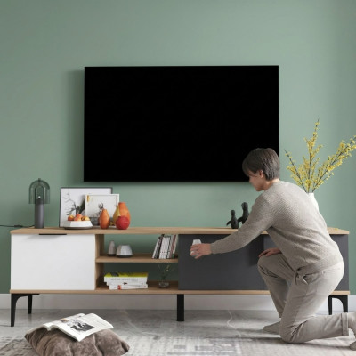 Meuble TV bas, support TV moderne de design rectangulaire en bois de luxe