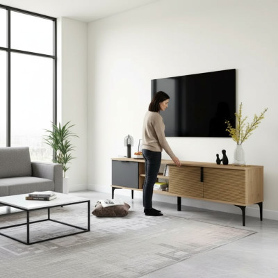 Armoire basse pour TV marron-gris Design moderne de forme rectangulaire pour le salon