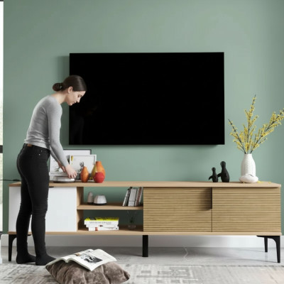 Meuble TV bas Design moderne Luxe Salon Rectangulaire Marron Blanc