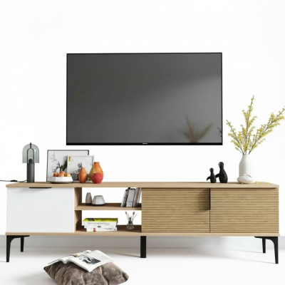 Meuble TV bas Design moderne Luxe Salon Rectangulaire Marron Blanc