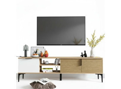 Meuble TV bas Design moderne Luxe Salon Rectangulaire Marron Blanc