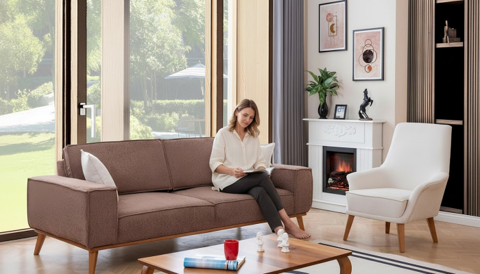 Salle de séjour Canapé beige trois places Ensemble de luxe composé d'un fauteuil blanc une place