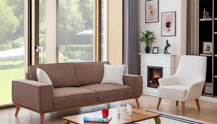 Salle de séjour Canapé beige trois places Ensemble de luxe composé d'un fauteuil blanc une place