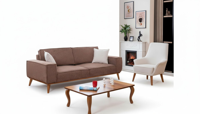 Salle de séjour Canapé beige trois places Ensemble de luxe composé d'un fauteuil blanc une place