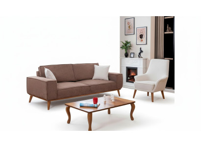 Salle de séjour Canapé beige trois places Ensemble de luxe composé d'un fauteuil blanc une place