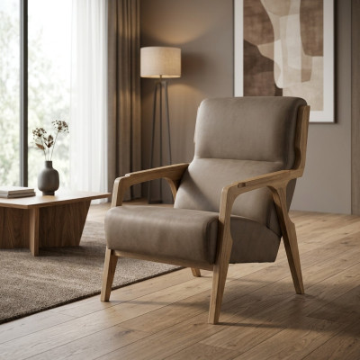 Fauteuil gris design en cuir pour le salon, siège luxueux, meuble rembourré.