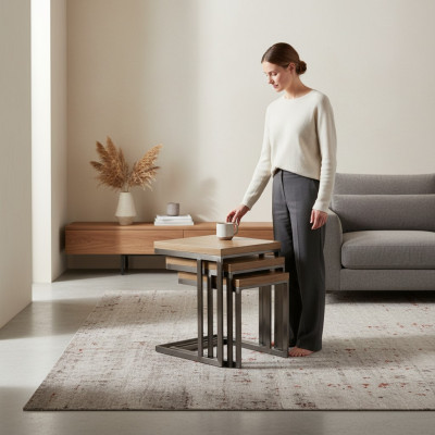 Salle de séjour 3x table d'appoint Luxe Table en bois acier inoxydable Mobilier Design Ameublement