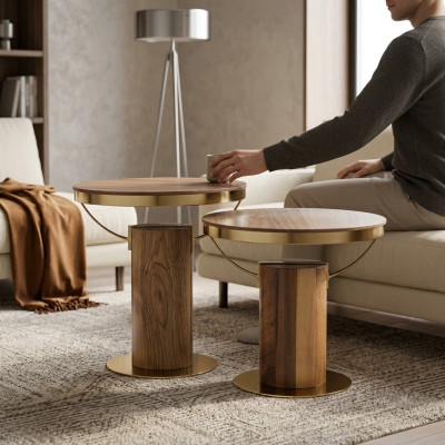2x Table d'appoint ronde Marron Table basse Salon Design Moderne