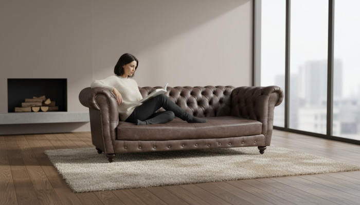 Canapé en cuir marron trois places, mobilier de salon Chesterfield