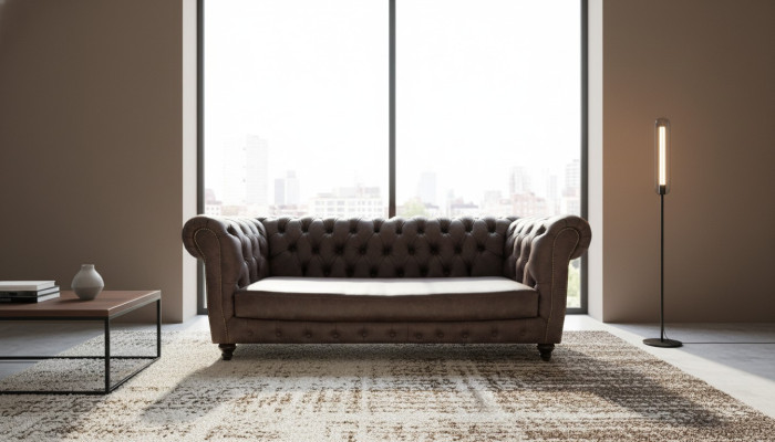 Canapé en cuir marron trois places, mobilier de salon Chesterfield