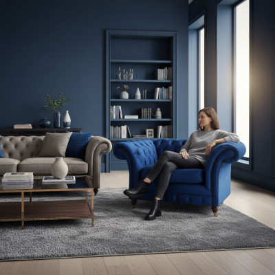 Fauteuil bleu moderne Chesterfield meuble de luxe pour salon.