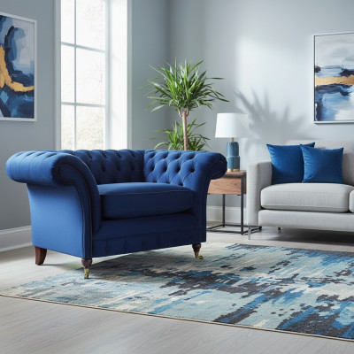 Fauteuil bleu moderne Chesterfield meuble de luxe pour salon.