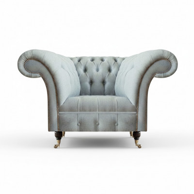 Chesterfield fauteuil gris clair moderne pour salon, siège rembourré.