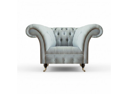 Chesterfield fauteuil gris clair moderne pour salon, siège rembourré.