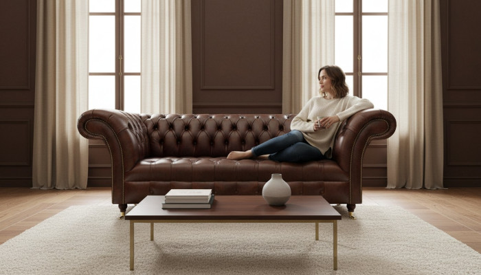 Canapé en cuir marron Chesterfield exclusif, meuble moderne trois places.