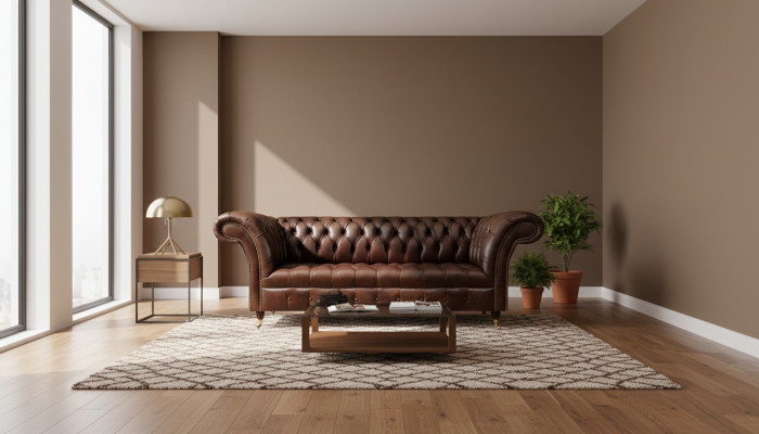 Canapé en cuir marron Chesterfield exclusif, meuble moderne trois places.