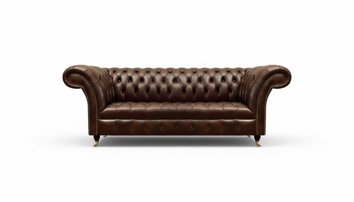 Canapé en cuir marron Chesterfield exclusif, meuble moderne trois places.