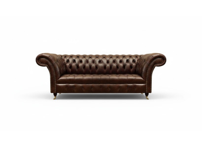 Canapé en cuir marron Chesterfield exclusif, meuble moderne trois places.