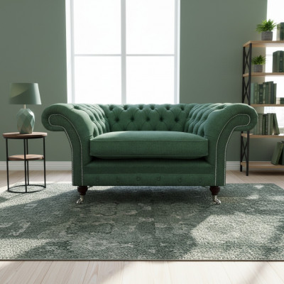 Fauteuil Chesterfield vert élégant en textile pour salon, noble fauteuil une place.