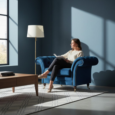 Fauteuil Chesterfield en tissu bleu pour salon, meuble en tissu, fauteuil de luxe une place.