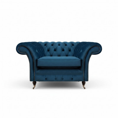 Fauteuil Chesterfield en tissu bleu pour salon, meuble en tissu, fauteuil de luxe une place.