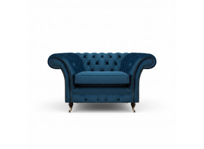 Fauteuil Chesterfield en tissu bleu pour salon, meuble en tissu, fauteuil de luxe une place.