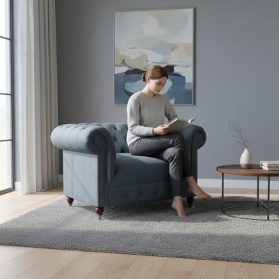 Chesterfield fauteuil en tissu gris pour le salon, fauteuil en tissu, fauteuil élégant.