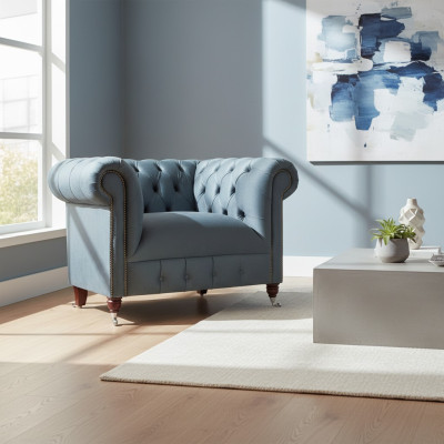 Chesterfield fauteuil en tissu gris pour le salon, fauteuil en tissu, fauteuil élégant.