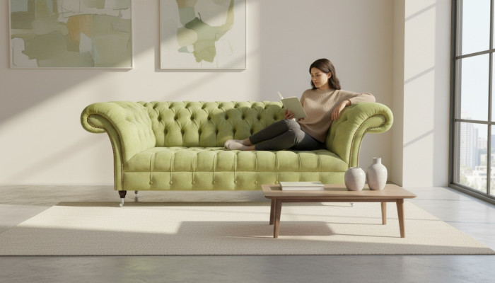 Canapé Chesterfield vert pâle Salon moderne Trois places Mobilier de luxe