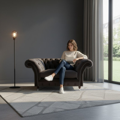 Fauteuil Chesterfield noir en tissu, meuble de luxe moderne 1 place.
