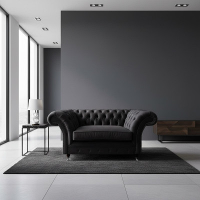 Fauteuil Chesterfield noir en tissu, meuble de luxe moderne 1 place.