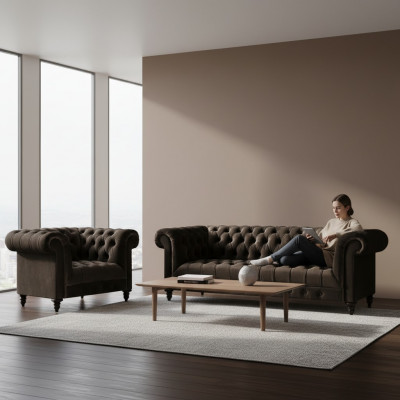 Canapé Chesterfield marron, ensemble de coussins, fauteuil design 3 places, textile, 2 pièces.