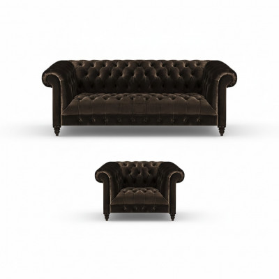 Canapé Chesterfield marron, ensemble de coussins, fauteuil design 3 places, textile, 2 pièces.