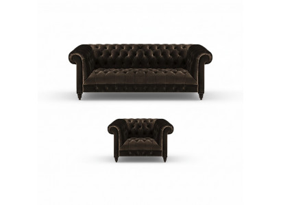 Canapé Chesterfield marron, ensemble de coussins, fauteuil design 3 places, textile, 2 pièces.