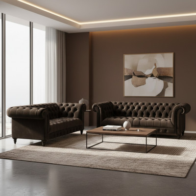 Canapés Chesterfield marron pour salon, 2 places, luxe, ensemble 2 pièces.