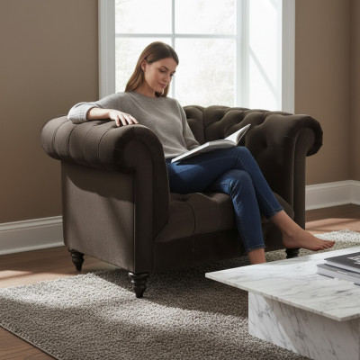 Fauteuil Chesterfield brun en textile moderne pour salon single.