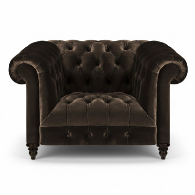 Fauteuil Chesterfield brun en textile moderne pour salon single.