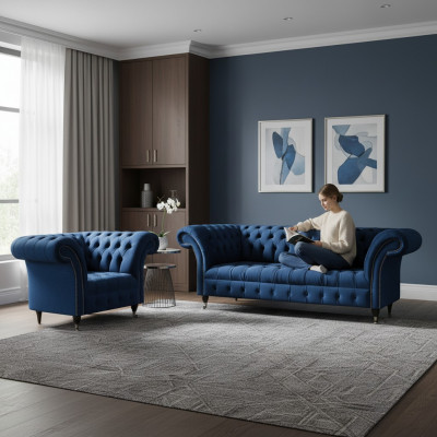 Ensemble Chesterfield bleu, canapé trois places design en tissu, fauteuil, ensemble de meubles 2 pièces.