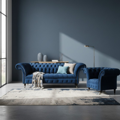 Ensemble Chesterfield bleu, canapé trois places design en tissu, fauteuil, ensemble de meubles 2 pièces.