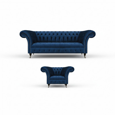 Ensemble Chesterfield bleu, canapé trois places design en tissu, fauteuil, ensemble de meubles 2 pièces.