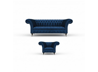Ensemble Chesterfield bleu, canapé trois places design en tissu, fauteuil, ensemble de meubles 2 pièces.
