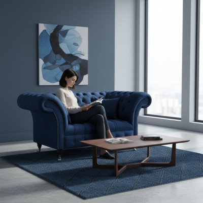 Canapé Chesterfield bleu deux places pour salon, meubles rembourrés de luxe.