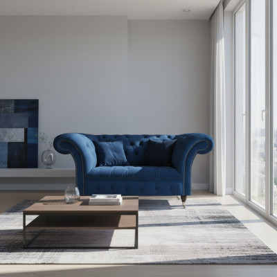 Canapé Chesterfield bleu deux places pour salon, meubles rembourrés de luxe.