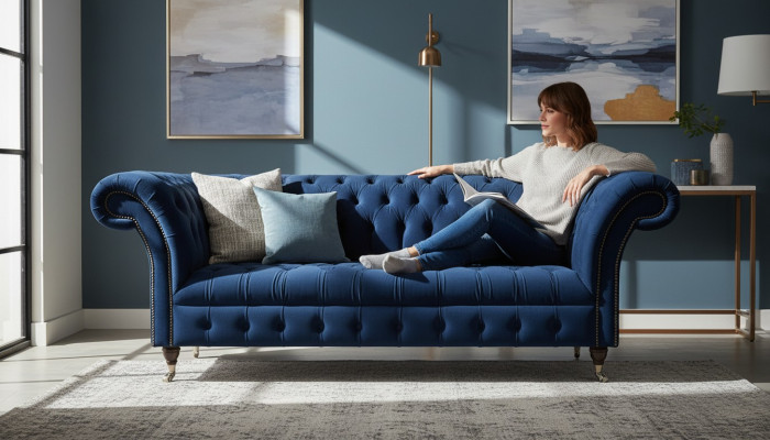 Canapé Chesterfield bleu foncé pour salon, canapé trois places design.