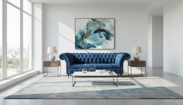 Canapé Chesterfield bleu foncé pour salon, canapé trois places design.